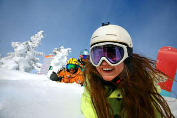 Fototapeta na wymiar Group happy friends having fun at Sheregesh ski resort.