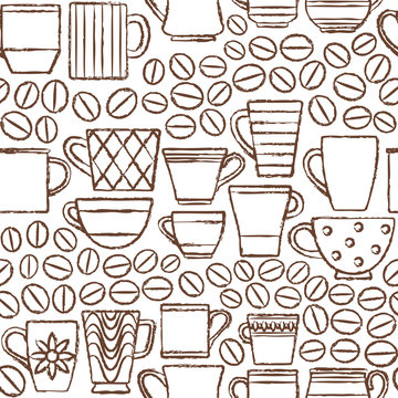 Hand drawn cups and mugs with coffee beans seamless pattern background 2