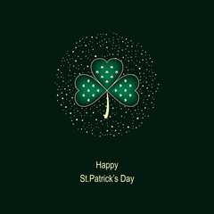 vector holiday green background with irish clover in shiny dots and text happy saint Patrick`s day