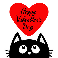 Happy Valentines Day text. Black cat looking up to big red heart. Cute cartoon character. Kawaii animal. Love Greeting card. Flat design style. White background. Isolated.
