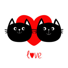 Two black cat head couple family icon. Red heart. Cute funny cartoon character. Word love Valentines day Greeting card. Kitty Whisker Baby pet collection. White background. Isolated. Flat design.