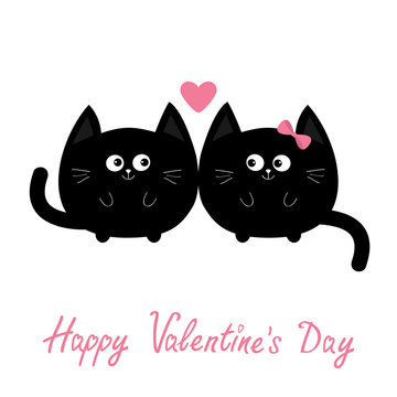 Round shape black cat icon. Love family couple. Pink heart Cute cartoon character. Valentines Day. Kawaii animal. Happy emotion. Kitty kitten Baby pet collection. White background Isolated Flat design