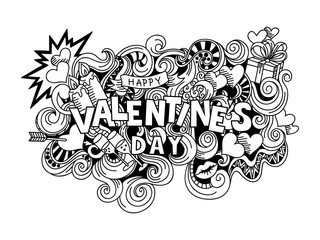 Cartoon cute doodles hand drawn Happy Valentines Day vector scketch illustration. Black and white detailed with lots of objects background.