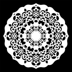 Lace round paper doily, lacy snowflake, greeting element,  template for cutting  plotter, round pattern, laser cut  template, doily to decorate the cake,  vector illustrations.