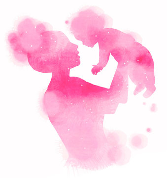 Double Exposure Illustration. Side View Of Happy Mother Holding Adorable Child Baby Girl Silhouette Plus Abstract Water Color Painted. Digital Art Painting.