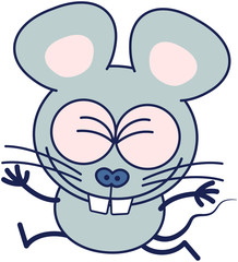 Cute gray mouse in minimalistic style with huge rounded ears and big teeth while clenching its bulging eyes, laughing and jumping as for celebrating something in an animated way