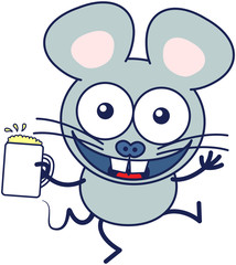 Cute gray mouse in minimalistic style with huge rounded ears and big teeth while widely opening its bulging eyes, raising its arms and holding a glass of frothy beer as for celebrating something