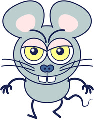 Cute gray mouse in minimalistic style with huge rounded ears, bulging eyes and big teeth while walking, frowning, smiling mischievously and showing a naughty mood