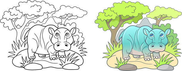 cartoon hippo walking across the expanses of Africa