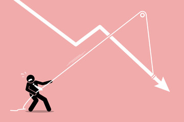 Businessman pulling a falling arrow graph chart from further dropping down. Vector artwork depicts economy crisis, downturn, financial pressure, and burden.