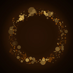Gold circle glitter background. Golden abstract sparkle round, isolated on black background. Luxury light texture. Effect glow, bright, shiny frame. Graphic glowing light. Vector illustration