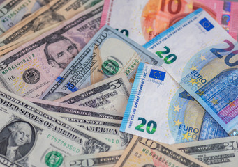 Fototapeta na wymiar American Dollar Bills, Euro Bills