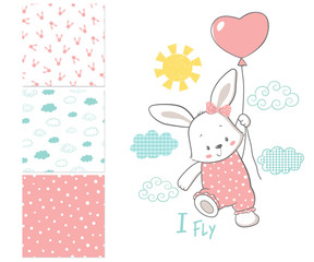 Little Bunny is flying in a balloon. Surface pattern and 3 seaml
