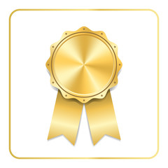 Award ribbon gold icon. Blank medal isolated on white background. Stamp rosette design trophy. Golden emblem. Symbol of winner, celebration, sport achievement, champion. Vector illustration