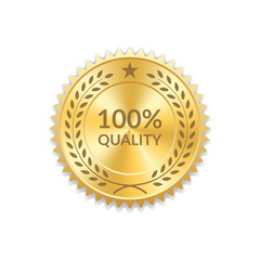 Seal award gold icon. Blank medal isolated white background. Golden design emblem. Laurel wreath, stars. Symbol of assurance, winner, guarantee and best label, premium, quality. Vector illustration