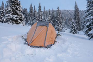 Yellow tent covered with frost - close up