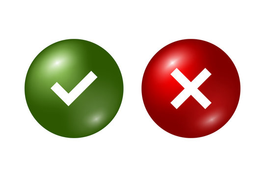 Tick and cross signs. Green checkmark OK and red X icons, isolated on white background. Marks graphic design. Circle symbols YES and NO button for vote, decision, web. Vector illustration