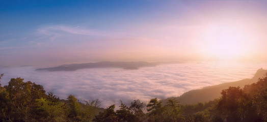 Panorama,Scenic views of the mist on the doi samer dao atmosphere in the morning, doi samer dao is famous in Nan, Thailand. Tourists come overnight, watch the stars at night and in the morning mist.