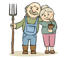 A pair of older gardeners / Vector illustration -- elderly women and men engaged in horticulture