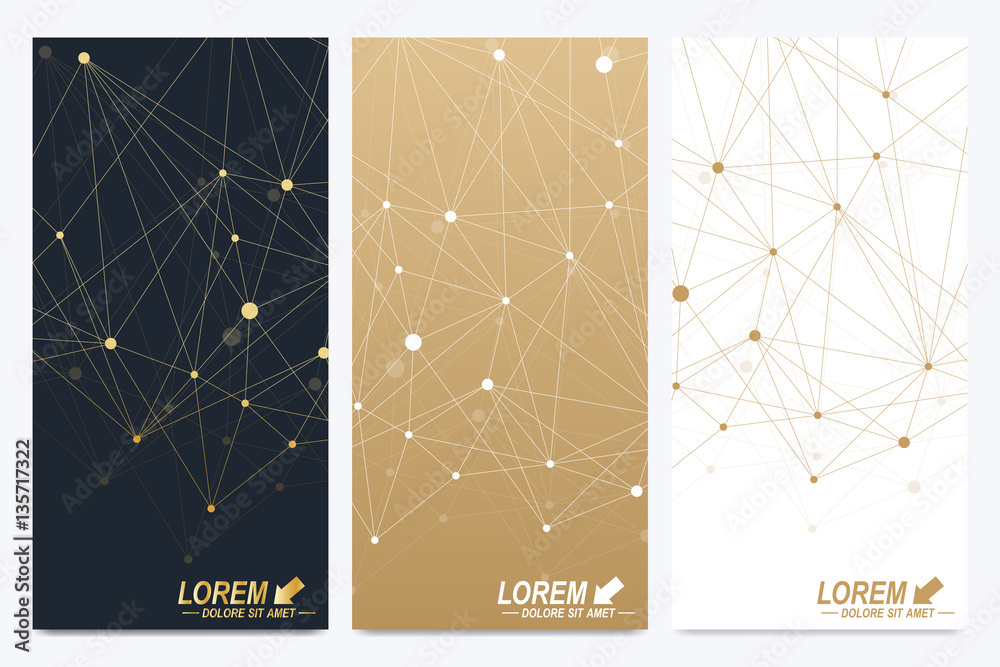 Poster Modern set of vector flyers. Geometric abstract presentation. Molecule and communication background for medicine, science, technology, chemistry. Golden cybernetic dots. Lines plexus. Card surface.
