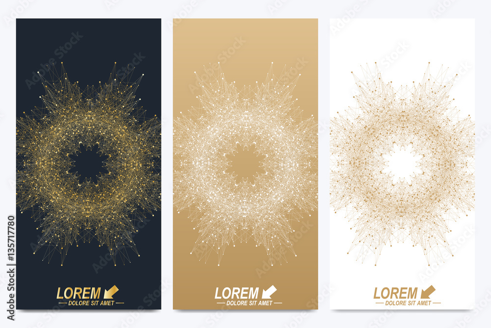 Aufkleber modern set of vector flyers. geometric abstract presentation with golden mandala. molecule and commu