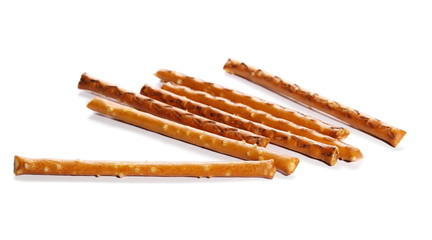 salty cracker pretzel sticks isolated on white background
