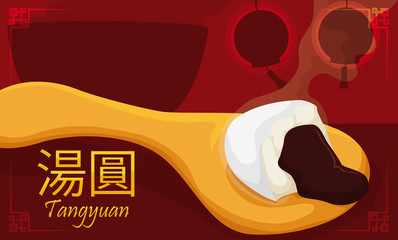 Obraz premium Golden Spoon Holding a Tangyuan Served in the Lantern Festival, Vector Illustration