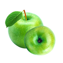 Green fresh apple with leaf isolated on white