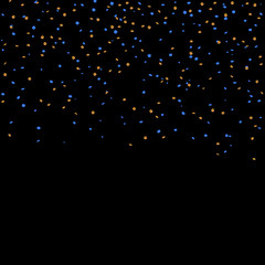 Gold blue confetti celebration isolated on black background. Falling golden abstract decoration party, birthday celebrate, anniversary, Christmas, New Year. Festival decor. Vector illustration