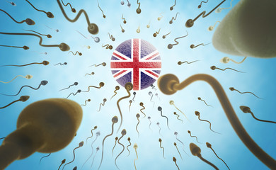 Immigration concept: Sperms swimming towards United Kingdom.(ser