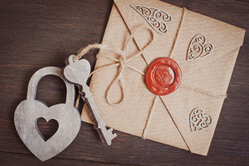sealed love letter on a wooden background