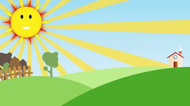 Nature Background For Kids With Smiling Sun seamless loop. Nice cartoon animation of colorful farm Background seamless loop with space for your text or logo.