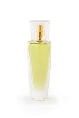 Glass perfume bottle on white background