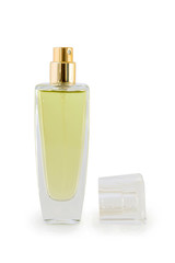 Glass perfume bottle on white background