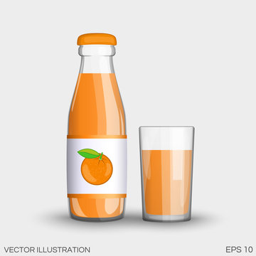 Orange juice in a transparent glass bottle isolated
