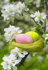 Easter eggs in a nest in the flowering garden