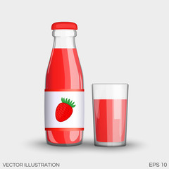 Strawberry juice in a transparent glass bottle isolated