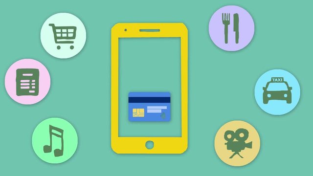 Animation of a smartphone with a credit card inside sending money to multiple icons : shopping, cinema, restaurant, banking, taxi, bills and music. Cartoon looking. Green background.