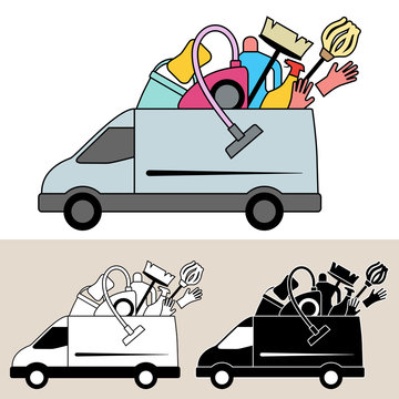 Van delivering mobile service of cleaning supplies and equipment with mop, bucket, vacuum cleaner, broom and rubber gloves. Isolated, flat, side view illustration, and black and white versions