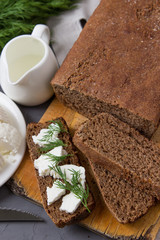 Sandwiches: homemade bread with  cottage cheese and fresh dill.