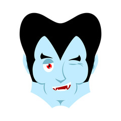 Dracula winking Emoji. Vampire happy emotion face isolated