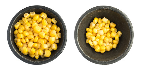 Cooked Corn Kernels Heap in Black Iron Bowl