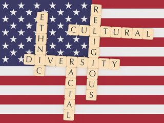 Diversity In The USA Concept: Letter Tiles, 3d illustration With US Flag