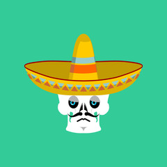 Skull in sombrero sad Emoji. Mexican skeleton for traditional fe