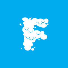 Letter F cloud font symbol. White Alphabet sign on blue sky
