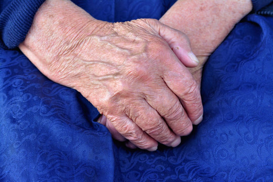 Hands of an old woman folded in her lap, closeup