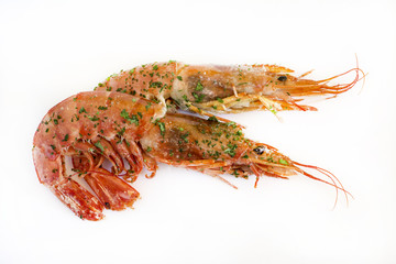 Grilled prawns on white background