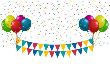 Happy birthday background with colorful balloons, multicolored pennants and confetti. Festive flags and confetti. Carnival party