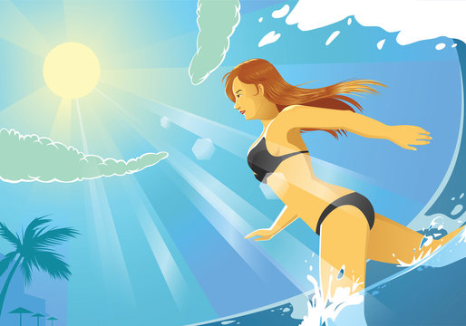 vector illustration of bikini girl running on the beach
