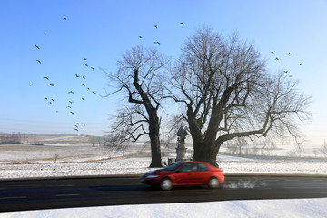 Samochód osobowy zimą na drodze, stare drzewo i kapliczka.